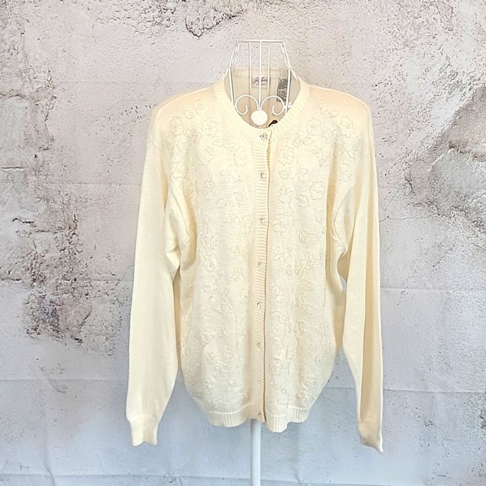 Jaclyn Smith Cream Button-Up Floral Knit Cardigan